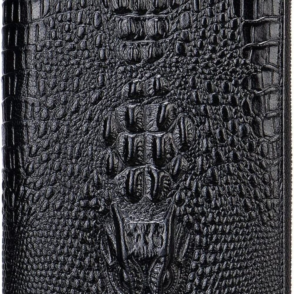 Alligator Crocodile Zip Around Wallet Clutch Wristlet Black Vegan Leather - Picture 5 of 8
